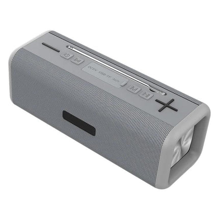 Portable Bluetooth Speaker For Home And Travel With Compact Design slim gray speaker showing buttons, mesh grille, TF/USB/AUX ports