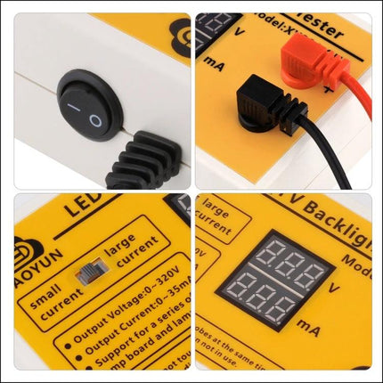 Portable Handheld LED Tester for TV Backlight and Strip Testing handheld unit close-up showing switch, connectors, current mode switch and LED voltage/mA display