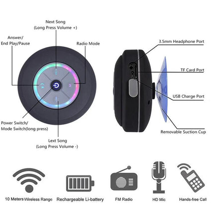Compact Waterproof Shower And Beach Speaker With Suction Cup showing controls, ports, removable suction cup and feature icons