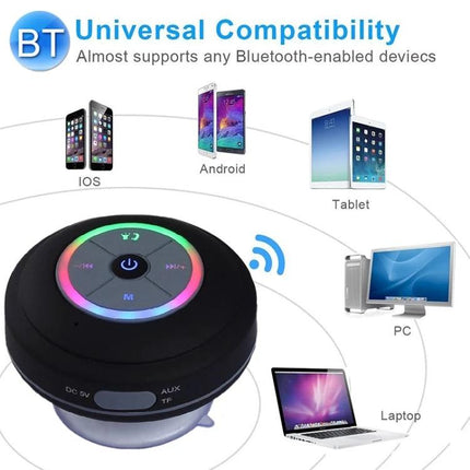 Compact Waterproof Shower And Beach Speaker With Suction Cup showing Bluetooth compatibility with phones tablets laptops and PCs