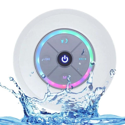 Compact Waterproof Shower And Beach Speaker With Suction Cup showing LED ring lights and water splash, hands-free suction placement