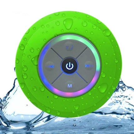 Compact Waterproof Shower And Beach Speaker With Suction Cup green waterproof Bluetooth speaker with LED ring and water droplets