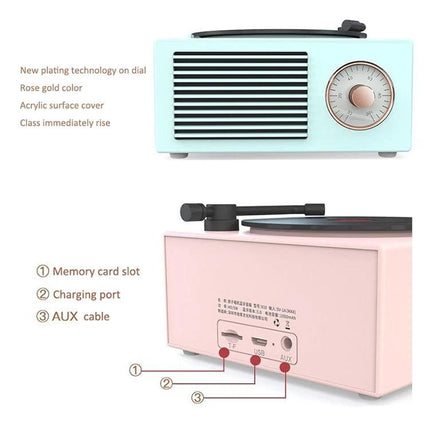 X10 Compact Retro Bluetooth Speaker With Rose Gold Dial showing retro rotating disc, rose gold dial and AUX/TF/USB ports