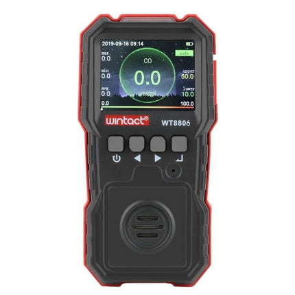 WINTACT Rechargeable Carbon Monoxide Detector for Indoor Safety showing color screen with CO reading 0.0 and bilingual interface