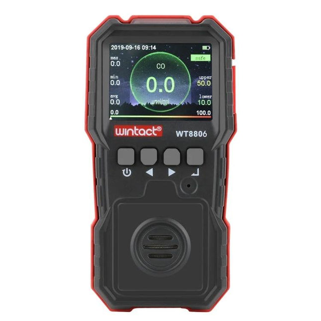 WINTACT Rechargeable Carbon Monoxide Detector for Indoor Safety showing color screen with CO reading 0.0 and bilingual interface