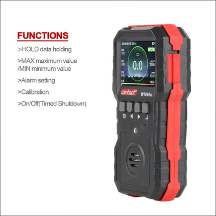 WINTACT Rechargeable Carbon Monoxide Detector for Indoor Safety handheld unit with color screen showing 0.0 CO and function list