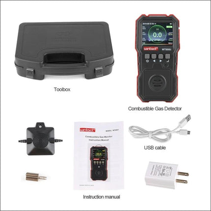 WINTACT Rechargeable Carbon Monoxide Detector for Indoor Safety with color screen, toolbox, USB cable and accessories
