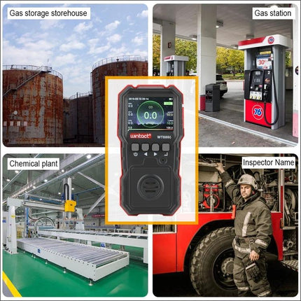 WINTACT Rechargeable Carbon Monoxide Detector for Indoor Safety showing device with color screen used at gas station, storage tank, chemical plant, inspector