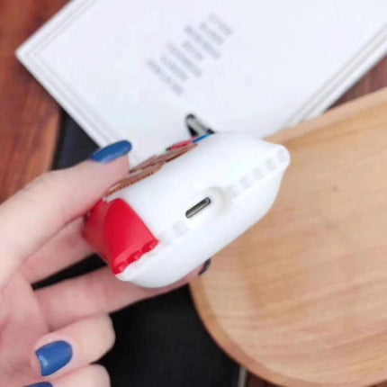 Protective Case for AirPods with Kinder Chocolate Style for Daily Carry in white red silicone showing charging port and easy access