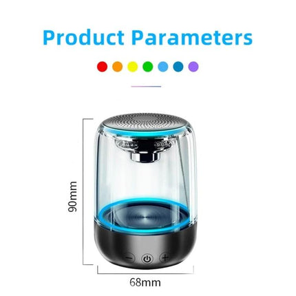 Portable Bluetooth Speaker With Ambient LED Light For Home with transparent acrylic body, compact 90x68mm design