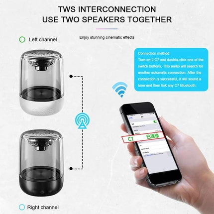 Portable Bluetooth Speaker With Ambient LED Light For Home showing TWS pairing setup with two transparent speakers and phone
