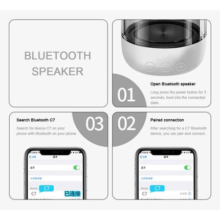 Portable Bluetooth Speaker With Ambient LED Light For Home clear acrylic C7 showing LED glow and TWS pairing steps