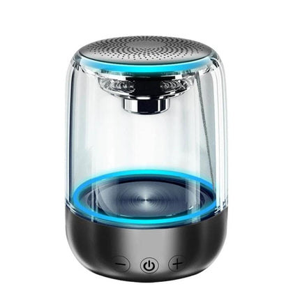 Portable Bluetooth Speaker With Ambient LED Light For Home, transparent acrylic body with blue LED ring and controls