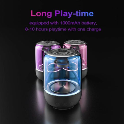 Portable Bluetooth Speaker With Ambient LED Light For Home showcasing transparent acrylic body, 8-10hr playtime, colorful LED glow