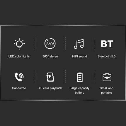 Portable Bluetooth Speaker With Ambient LED Light For Home showing icons for LED lights, 360° stereo, HiFi sound, BT 5.0, handsfree