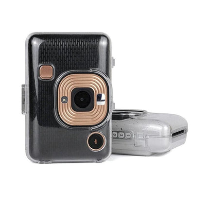 Transparent Protective Pouch for Fujifilm Instax Mini Liplay Camera shown on black and silver Instax Mini Liplay, clear protective case, travel-ready camera pouch