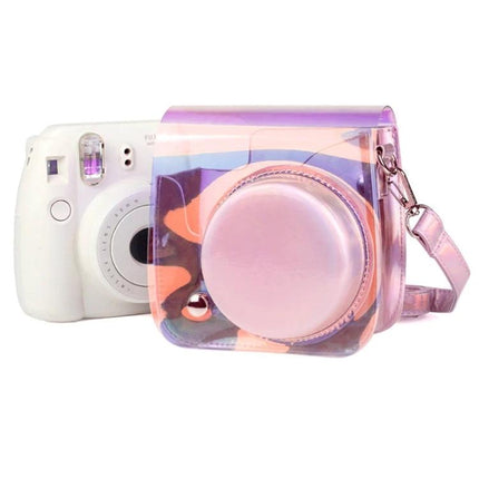 Richwell Translucent Camera Bag for Fujifilm Instax Mini with Strap showing pink iridescent transparent PVC case on Instax Mini camera