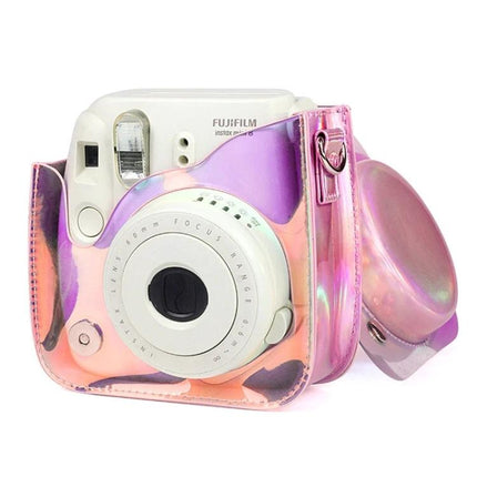 Richwell Translucent Camera Bag for Fujifilm Instax Mini with Strap showing pink iridescent PVC case holding Instax Mini camera and strap