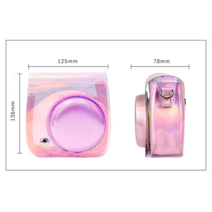Richwell Translucent Camera Bag for Fujifilm Instax Mini with Strap pink iridescent PVC protective case showing front and side dimensions