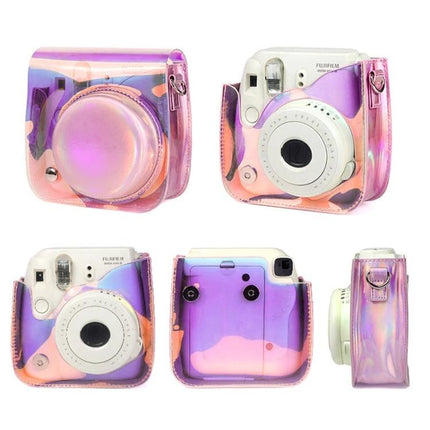 Richwell Translucent Camera Bag for Fujifilm Instax Mini with Strap showing iridescent purple pink PVC case from multiple angles protecting Instax Mini 8/8+/9