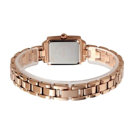 SKMEI Rose Gold Women's Elegant Fashion Watch for Daily Wear lightweight rose gold square face watch shown from back with metal link bracelet