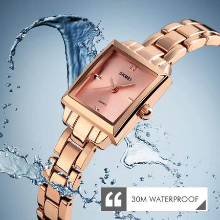 SKMEI Rose Gold Women's Elegant Fashion Watch for Daily Wear - rose gold square quartz watch, lightweight bracelet style, 30M waterproof