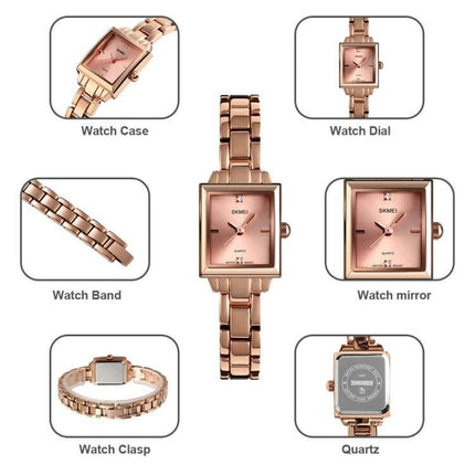 SKMEI Rose Gold Women's Elegant Fashion Watch for Daily Wear - rectangular rose gold quartz women's watch with metal band and clasp