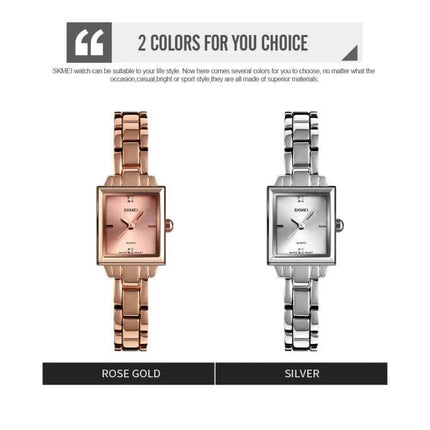 SKMEI Rose Gold Women's Elegant Fashion Watch for Daily Wear displayed in rose gold next to silver variant, slim quartz bracelet style