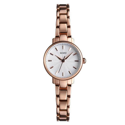Skmei Steel Belt Quartz Watch for Women in Business Style — rose gold slim steel bracelet, white dial, minimalist professional design