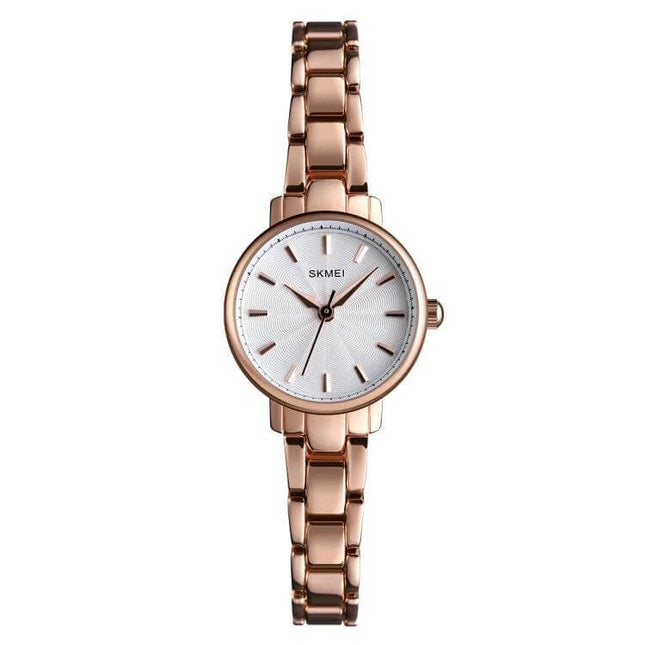 Skmei Steel Belt Quartz Watch for Women in Business Style — rose gold slim steel bracelet, white dial, minimalist professional design