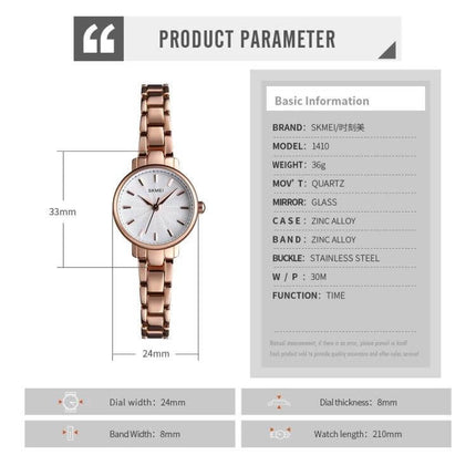 Skmei Steel Belt Quartz Watch for Women in Business Style detailed product parameter image showing dimensions and specs