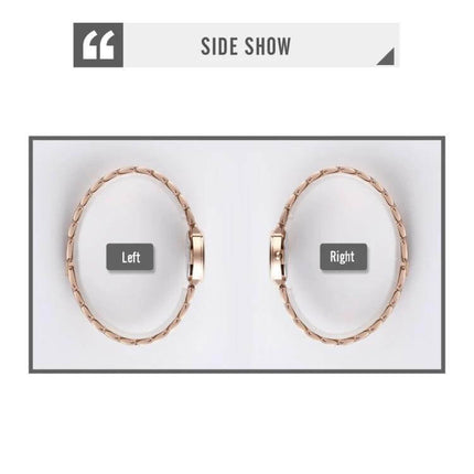 Skmei Steel Belt Quartz Watch for Women in Business Style side view showing left and right profile of rose gold steel band