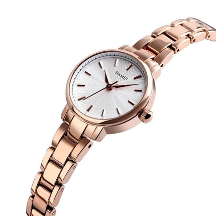Skmei Steel Belt Quartz Watch for Women in Business Style - rose gold steel belt, minimalist white dial, lightweight elegant office accessory