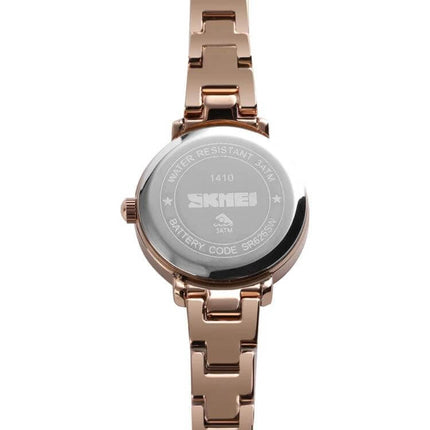 Skmei Steel Belt Quartz Watch for Women in Business Style, rose gold stainless steel back view showing band and case