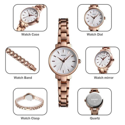 Skmei Steel Belt Quartz Watch for Women in Business Style - rose gold business-style quartz watch with steel band and slim case