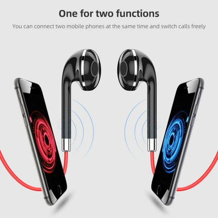 Magnetic Wireless Earbuds For Gym And Commute With Secure Fit showing black earbuds snapped together with two phones