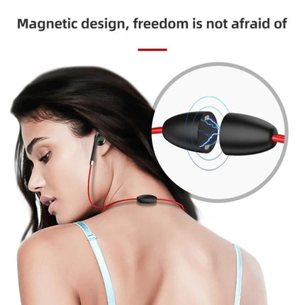 Magnetic Wireless Earbuds For Gym And Commute With Secure Fit showing woman wearing red cable earbuds with magnetic snap