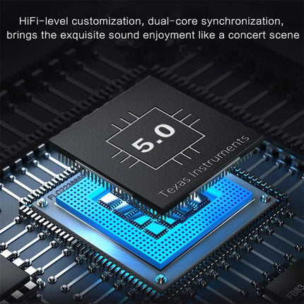 Portable Bluetooth Travel Speaker With Detachable Strap showing Bluetooth 5.0 chip graphic and circuitry close-up