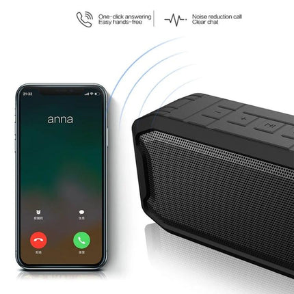 Portable Bluetooth Travel Speaker With Detachable Strap next to smartphone showing hands-free call, shockproof water-resistant design