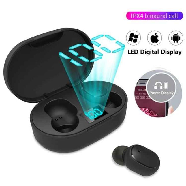 E6S Wireless Earbuds With LED Charging Case Black For Calls compact black earbuds with LED battery display