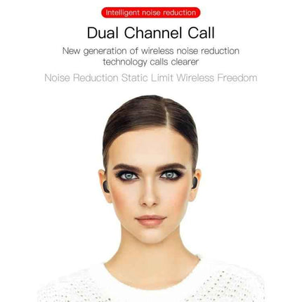 E6S Wireless Earbuds With LED Charging Case Black For Calls shown in ears on model highlighting dual channel call noise reduction