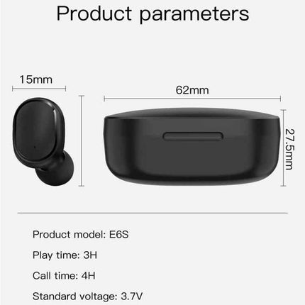 E6S Wireless Earbuds With LED Charging Case Black For Calls compact TWS earbuds and LED display charging case dimensions