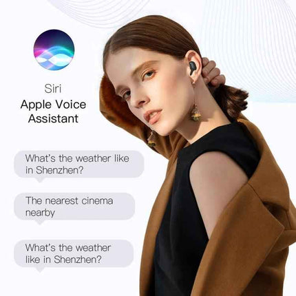 E6S Wireless Earbuds With LED Charging Case Black For Calls model wearing earbuds showing LED case and voice assistant features