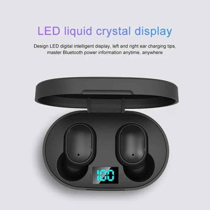E6S Wireless Earbuds With LED Charging Case Black For Calls showing open case earbuds and LED battery