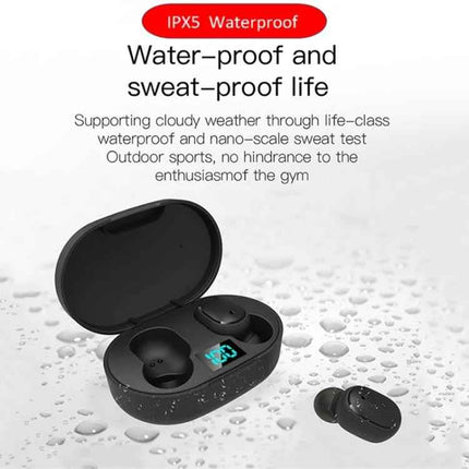 E6S Wireless Earbuds With LED Charging Case Black For Calls showing IPX5 waterproof earbuds with LED battery display