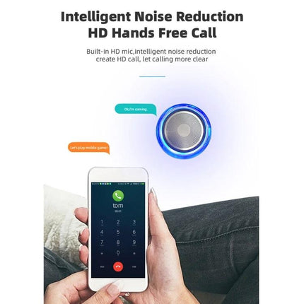 Fineblue Bluetooth Speaker For Home Use Compact Portable Design shown with phone call, HD hands free, noise reduction, blue LED ring