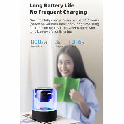 Fineblue Bluetooth Speaker For Home Use Compact Portable Design tabletop speaker glowing blue with woman enjoying music background