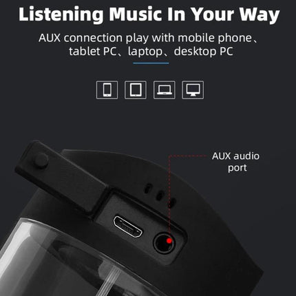 Fineblue Bluetooth Speaker For Home Use Compact Portable Design showing AUX audio port and micro USB charging on black unit