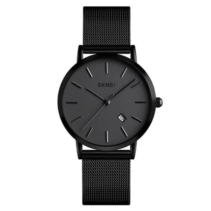SKMEI Elegant Simple Business Wristwatch for Women Daily Use - all-black slim round dial with date window and mesh strap, quartz 30m waterproof