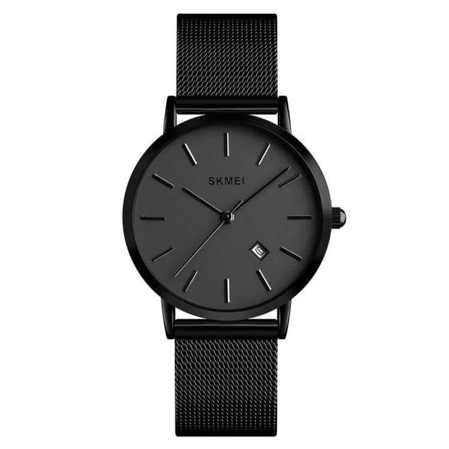 SKMEI Elegant Simple Business Wristwatch for Women Daily Use - black minimalist round dial with date window and mesh strap